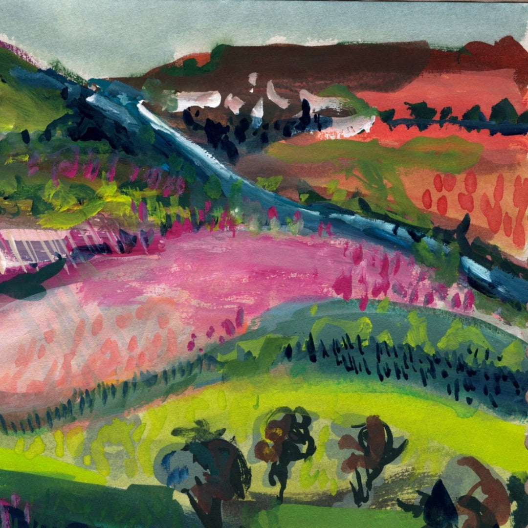 Watercolour art print of a whimsical, abstract landscape - Pink Rolling Hills, hand-painted by Laura Hamzic.