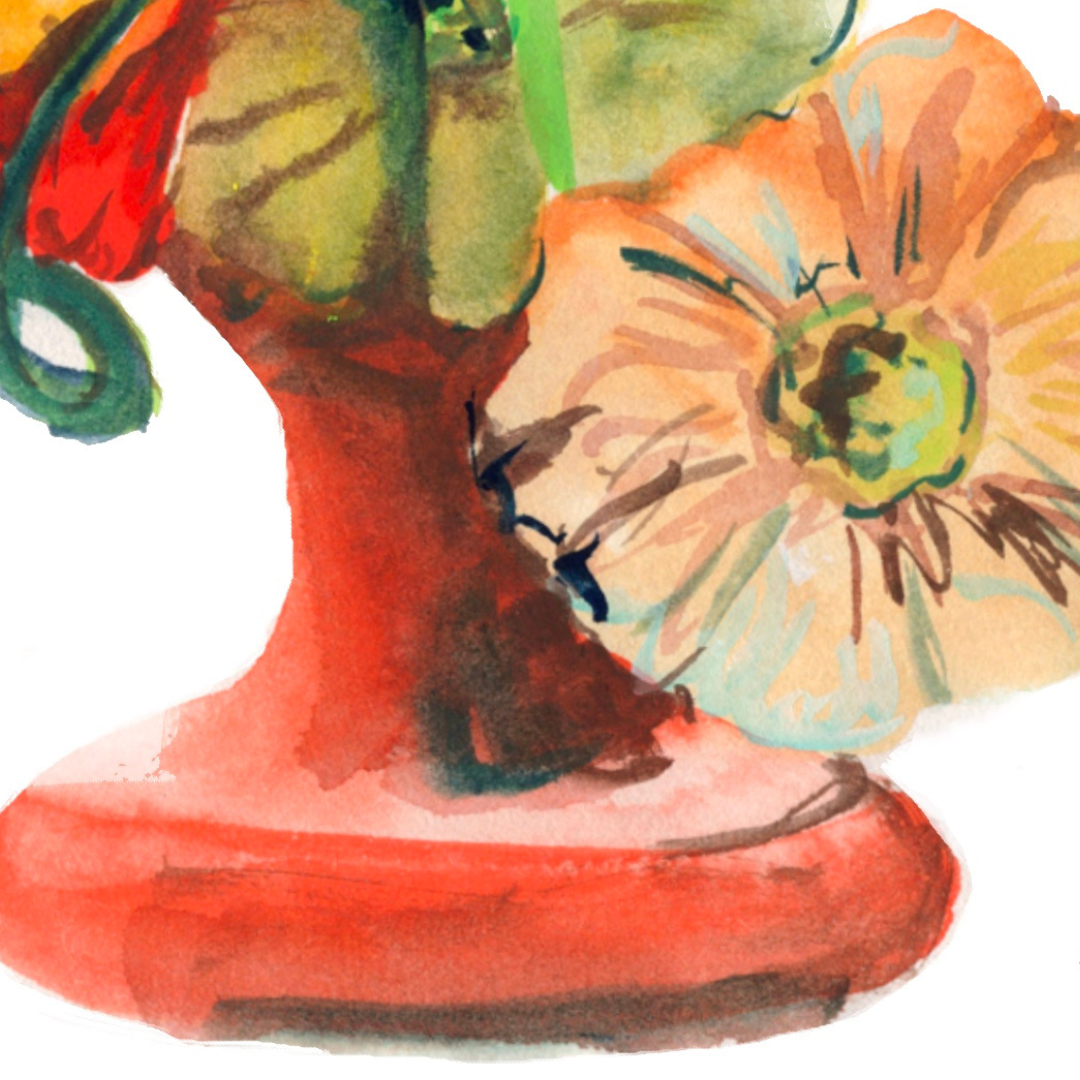 Watercolour art print of an orange vase of Cosmos flowers, hand-painted by Laura Hamzic.