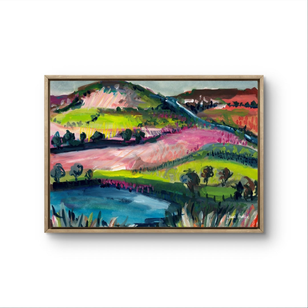 Watercolour art print of a whimsical, abstract landscape - Pink Rolling Hills, hand-painted by Laura Hamzic.