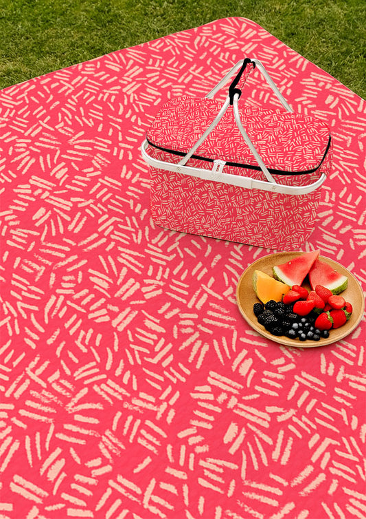 Picnic mat with earthy textured surface pattern – bold pencil strokes inspired by cracked dry ground and natural bush etchings. Rugged, adventurous outdoor textile design.