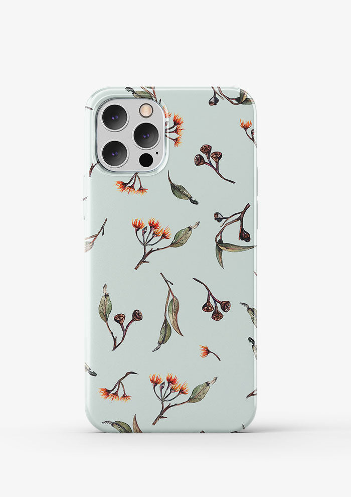 Phone case featuring Eucalypt Echo pattern on a mint backgrounf , flowing eucalyptus elements spaced widely for dramatic impact on wallpaper or large fabric prints.