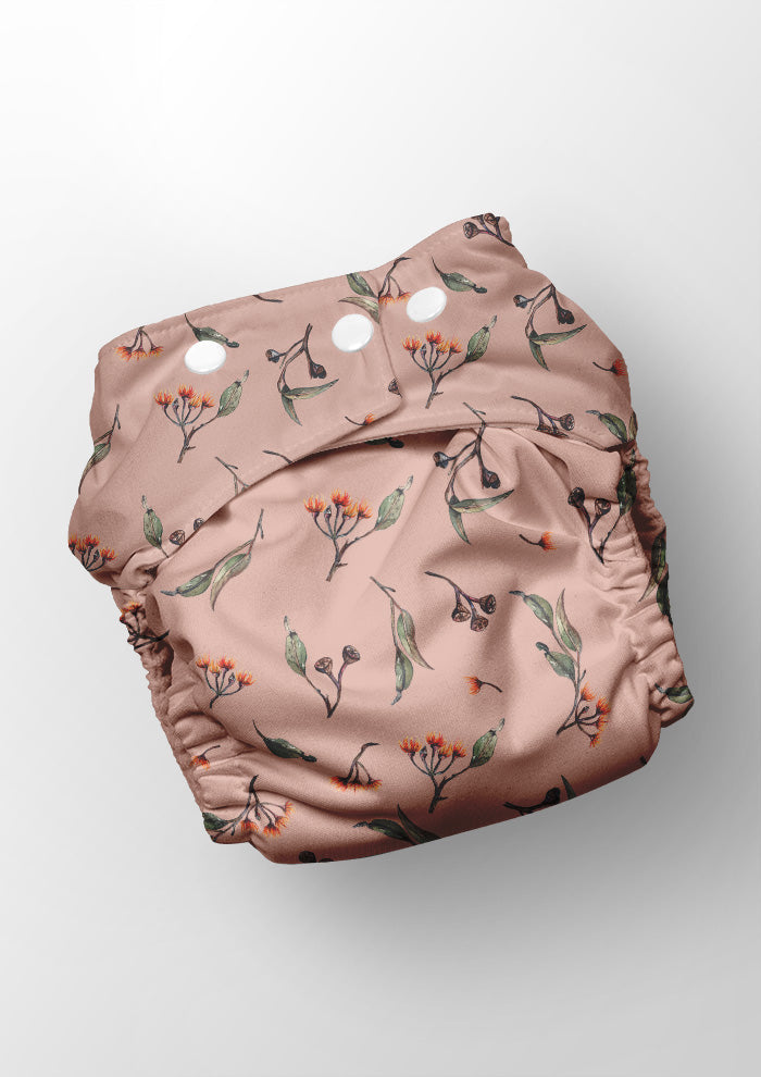 Reusable baby nappy featuring floral pattern design by Laura Hamzic - Eucalypt Echo