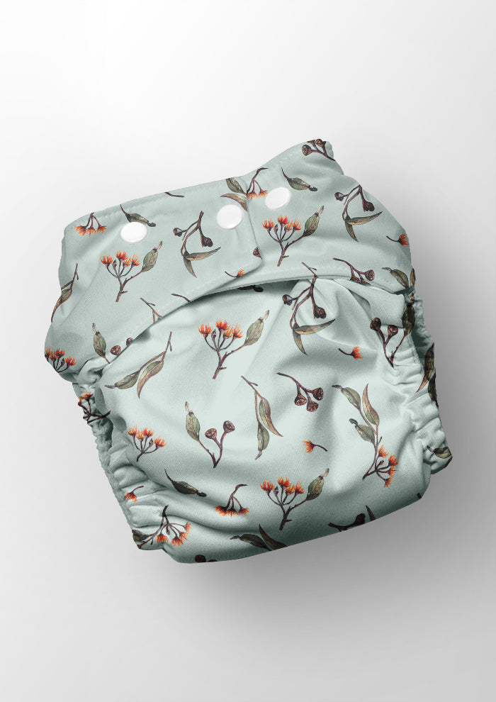 Reusable baby nappy featuring floral pattern design by Laura Hamzic - Eucalypt Echo