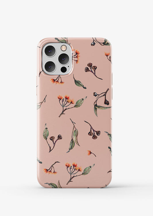 Phone case featuring Eucalypt Echo pattern in a dusty pink palette, flowing eucalyptus elements spaced widely for dramatic impact on wallpaper or large fabric prints.