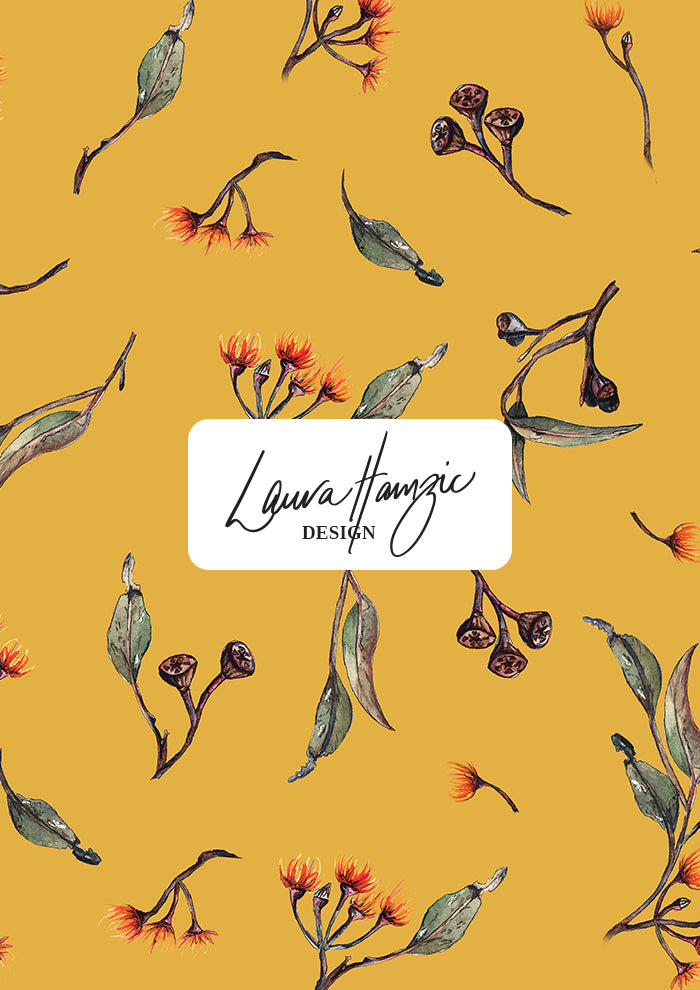 Eucalypt Echo pattern at large scale in a mustard palette, flowing eucalyptus elements spaced widely for dramatic impact on wallpaper or large fabric prints.