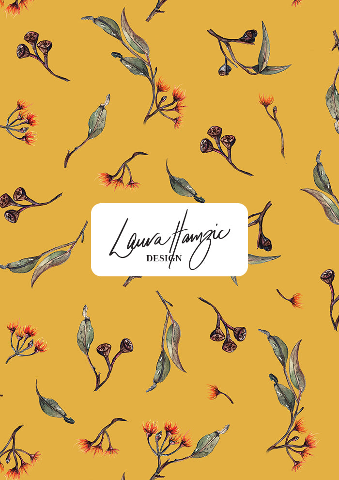 Eucalypt Echo pattern in a mustard palette at medium scale, flowing eucalyptus elements spaced widely for dramatic impact on wallpaper or fabric prints.