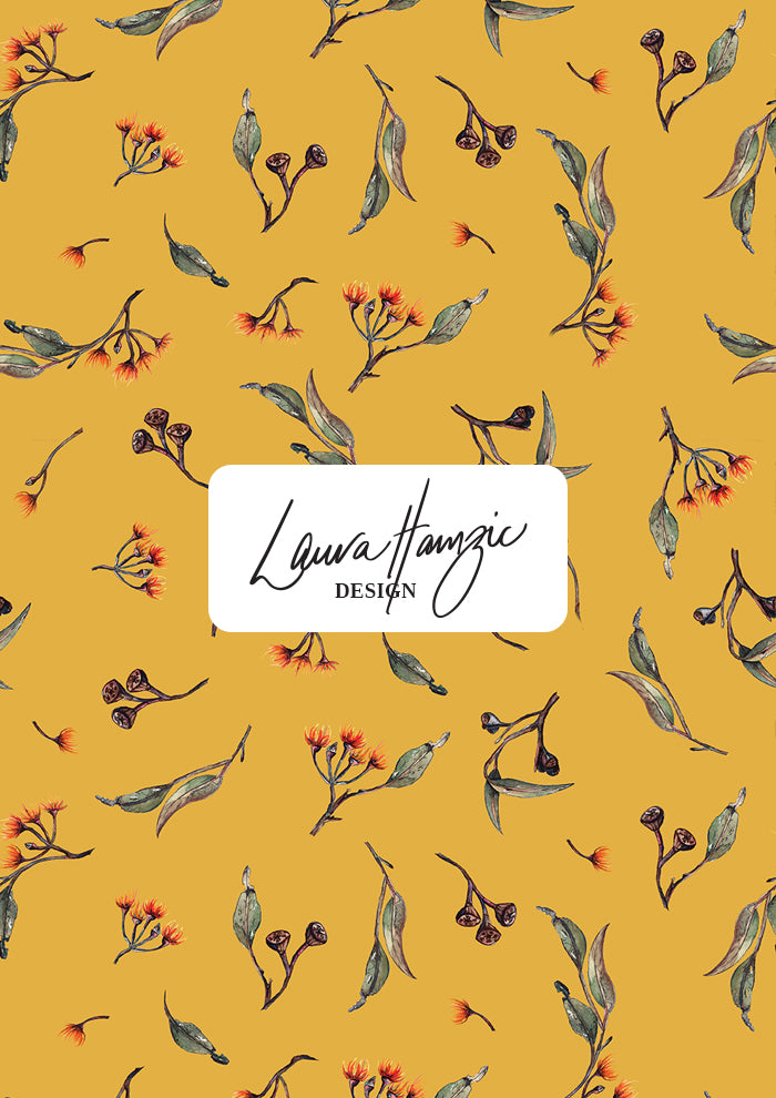 Eucalypt Echo pattern shown in a small scale on mustard, tightly scattered botanical elements for high-detail uses like stationery or children's clothing.