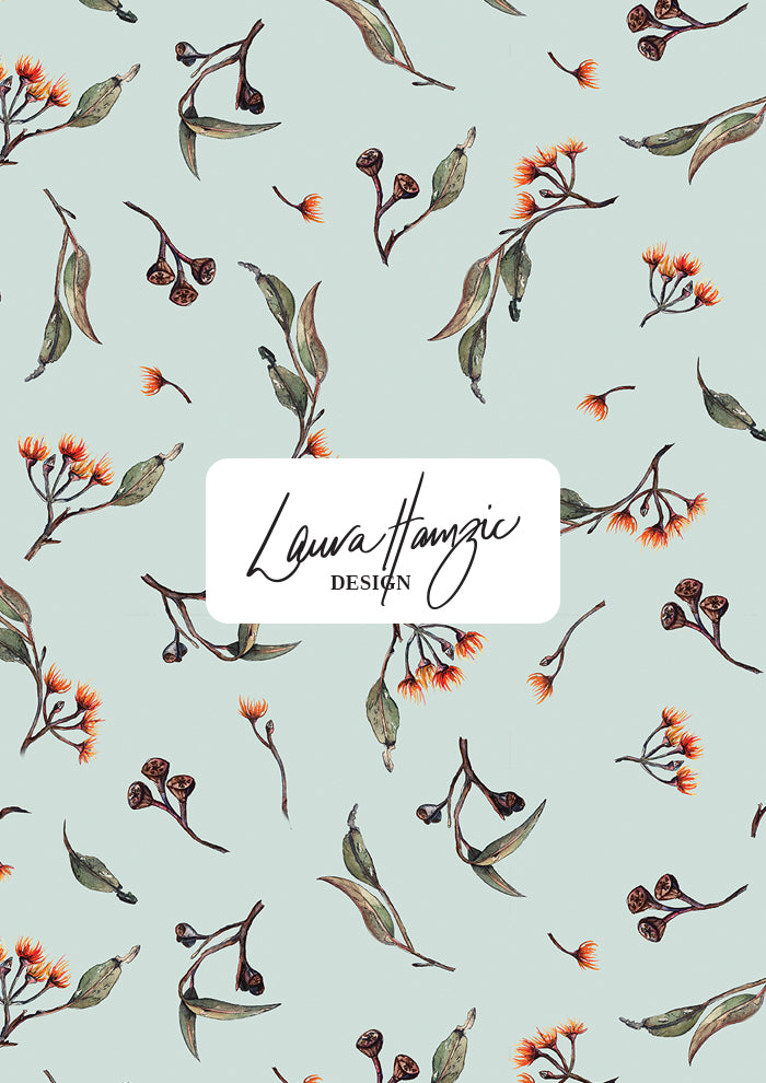 Eucalypt Echo (Mint) in medium scale , balanced spacing of falling leaves, blossoms, and gumnuts suitable for apparel, textiles, and soft furnishings.