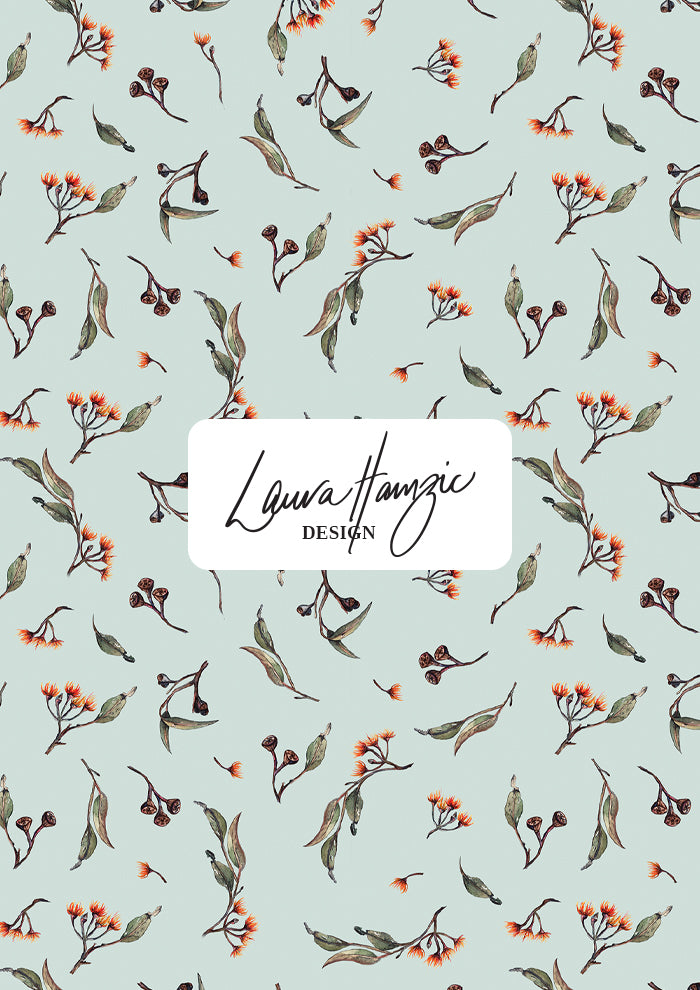 Eucalypt Echo pattern shown in a small scale on a mint palette, scattered botanical elements for high-detail uses like stationery or children's clothing.