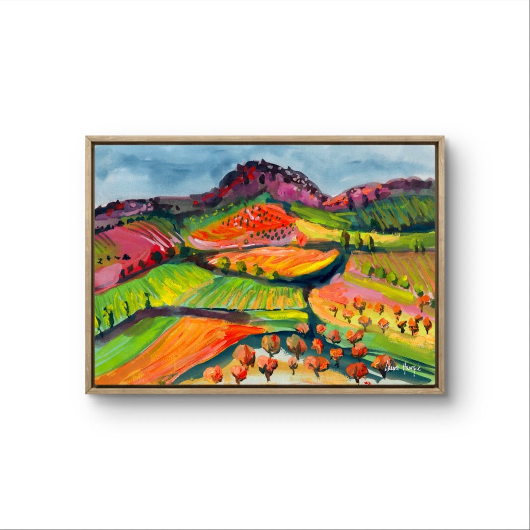 Watercolour art print of a whimsical, abstract landscape - Rainbow Valley, hand-painted by Laura Hamzic.