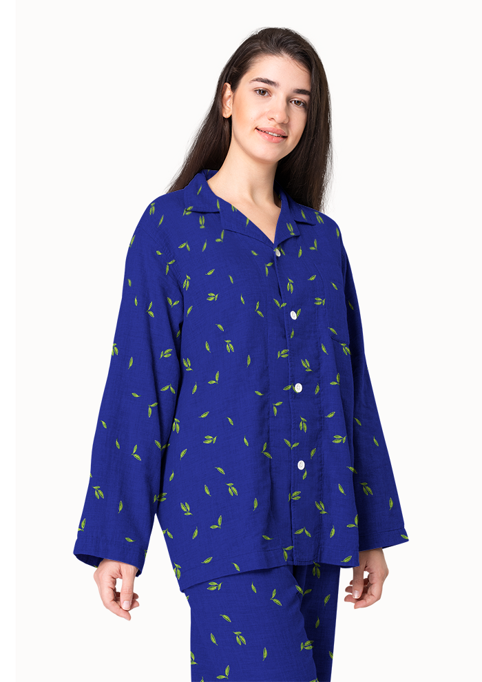 Women's pajamas mockup with the Falling Leaves (Blue) pattern by Laura Hamzic, Australian surface pattern designer