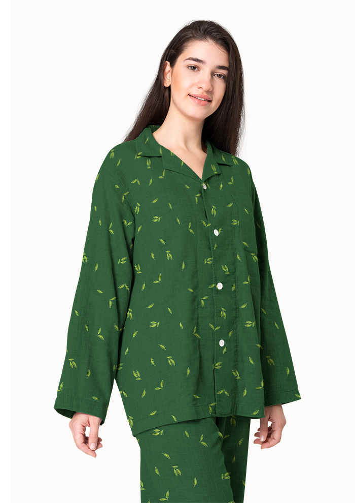 Women's pajamas mockup with the Falling Leaves (Green) pattern by Laura Hamzic, Australian surface pattern designer