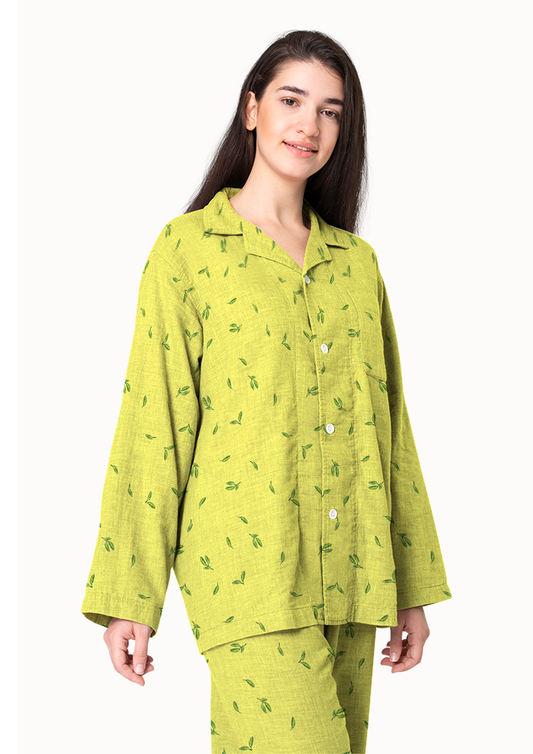 Women's pajamas mockup with the Falling Leaves (Yellow) pattern by Laura Hamzic, Australian surface pattern designer