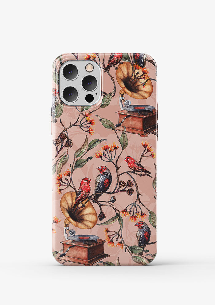 Phone case wrapped in Laura Hamzic's Finch Falsetto pattern, eucalyptus blossoms and finches growing from gramophones.