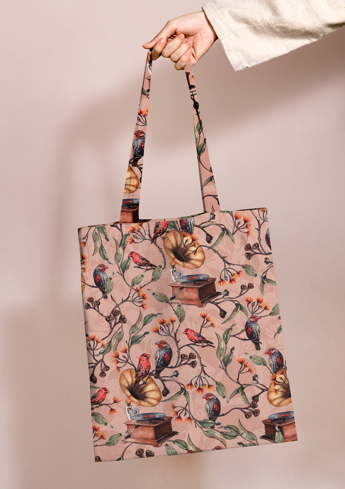 Phhopping bag featuring Laura Hamzic's Finch Falsetto pattern, eucalyptus blossoms and finches growing from gramophones.