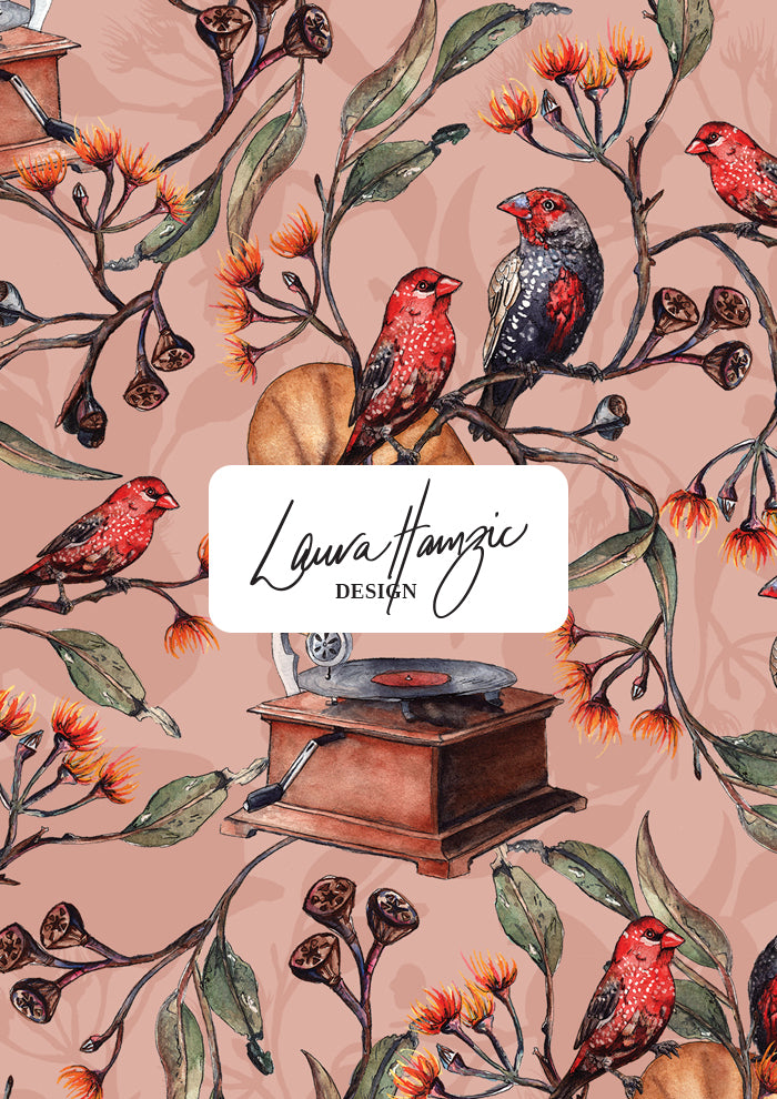 Large scale Finch Falsetto surface pattern, bold placement of finches and flowering gramophones for statement homewares and fabric