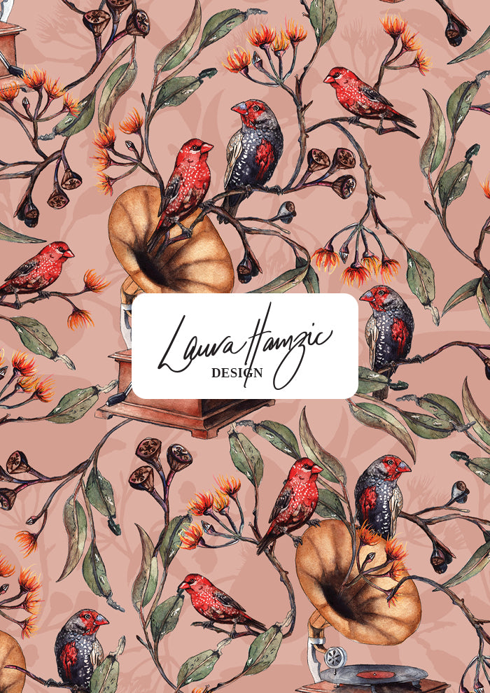 Laura Hamzic's Finch Falsetto design at medium scale, balanced layout of native birds and eucalyptus elements for textiles and accessories.