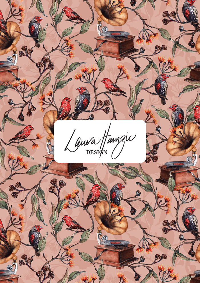 Finch Falsetto pattern in small scale, tight repeat of red finches, gum blossoms, and whimsical gramophones for detailed product use