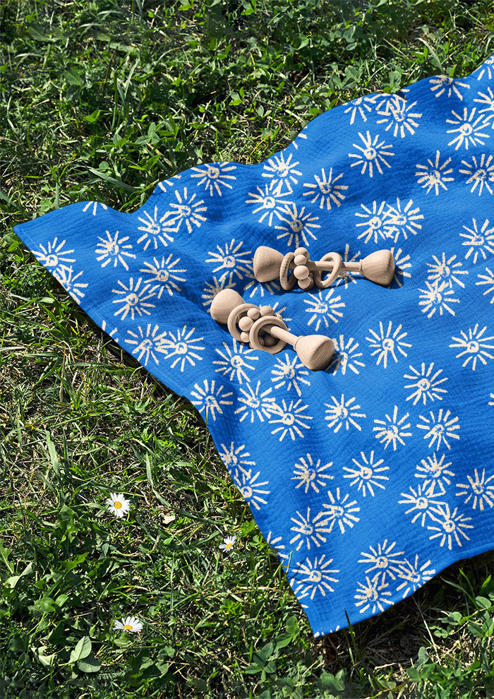 Muslin featuring Flicker Flower Australian botanical pattern – eucalyptus blossoms drawn in coloured pencil, bursting with movement, joyful fabric for apparel and homewares.