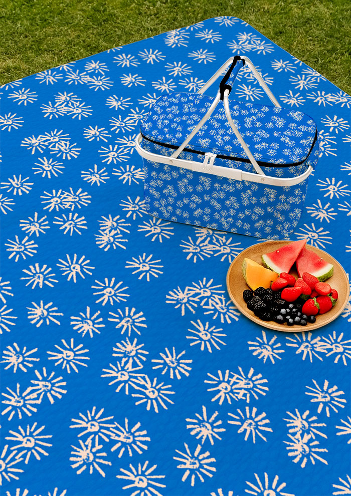 Picnic mat with Flicker Flower eucalyptus blossom surface pattern – playful coloured pencil florals inspired by Australian botanicals, joyful outdoor textile design