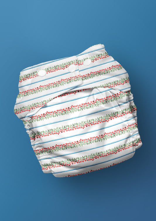 A delicate watercolour pattern for baby nappies featuring little flowers and stripes artwork by Laura Hamzic Brisbane Surface Pattern Designer