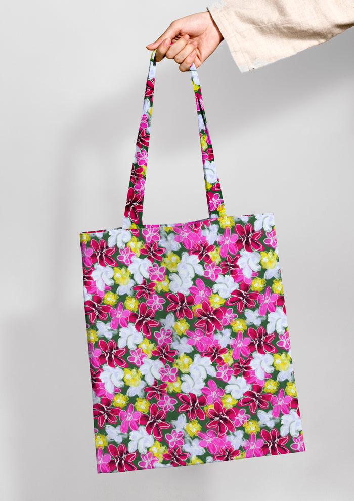 Fun energetic Garden Party Pattern Design by Laura Hamzic - Australian Artist - mocked up on a shopping bag