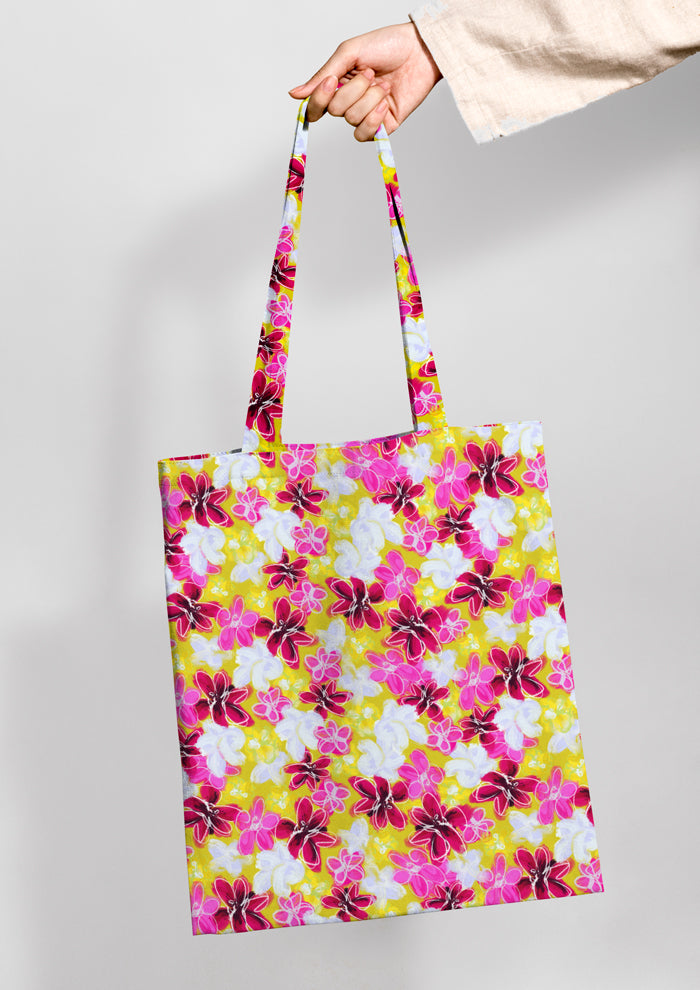 Fun energetic Garden Party Pattern Design by Laura Hamzic - Australian Artist - mocked up on a shopping bag