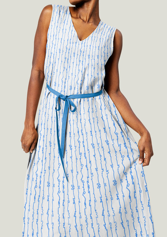 Blue on White Garden Squiggle pattern by Australian surface pattern designer Laura Hamzic mocked up on a dress