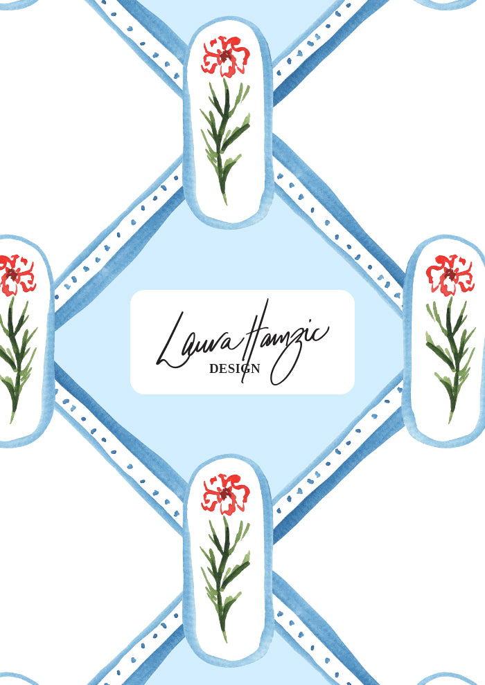 Watercolour flowers in a diamond check pattern by Australian Artist and Surface Pattern Designer Laura Hamzic – Garden Lattice