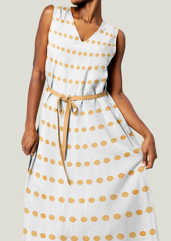 Dress mockup featuring the Grandma's Buttons pattern by Laura Hamzic, Australian surface pattern designer