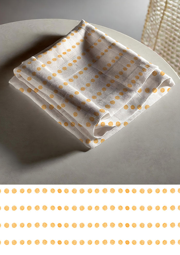 Tea towel mockup showcasing the Grandma's Buttons pattern by Laura Hamzic, Australian surface pattern designer