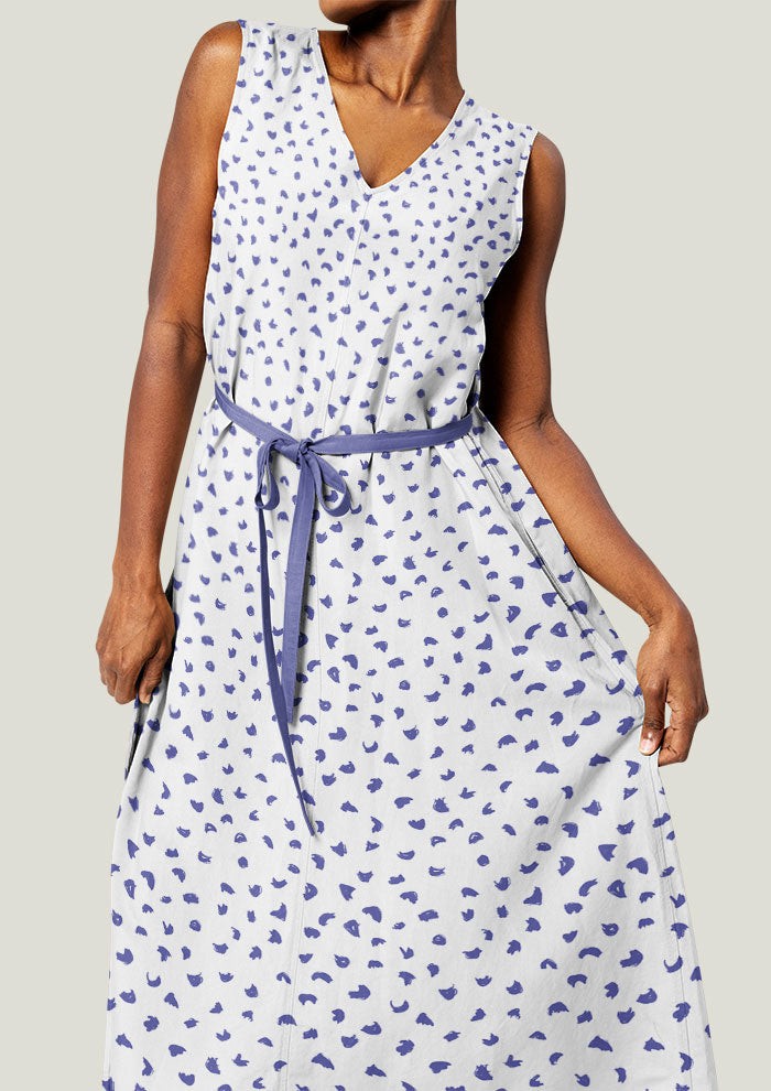 Dress featuring Gumnut speckle pattern design by Laura Hamzic - Blue on White Colourway
