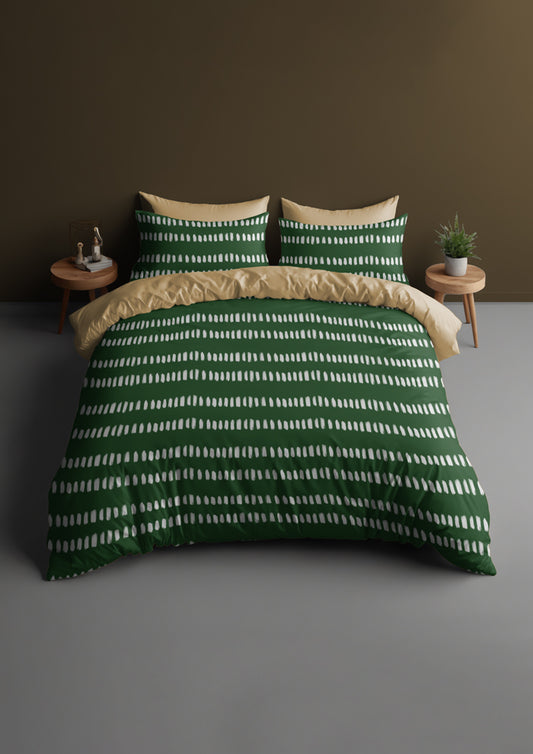 Bed mockup featuring the Hatched Green pattern by Laura Hamzic, Australian surface pattern designer