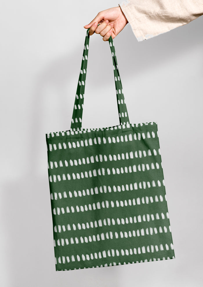 Tote bag mockup featuring the Hatched Green pattern by Laura Hamzic, Australian surface pattern designer