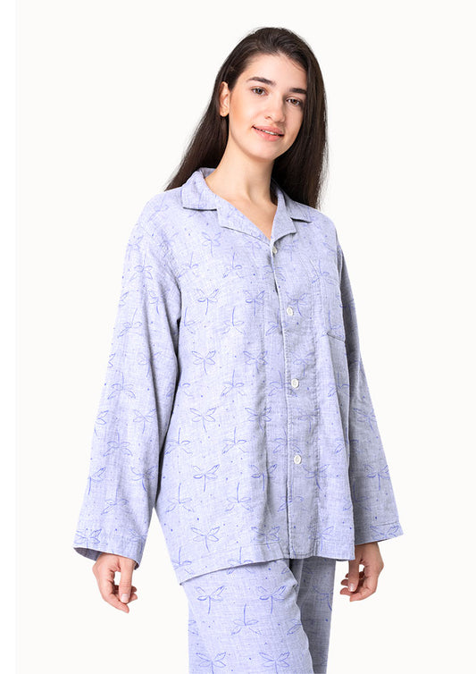 Women's pajamas mockup featuring the Hedgerow Hover pattern by Laura Hamzic, Australian surface pattern designer