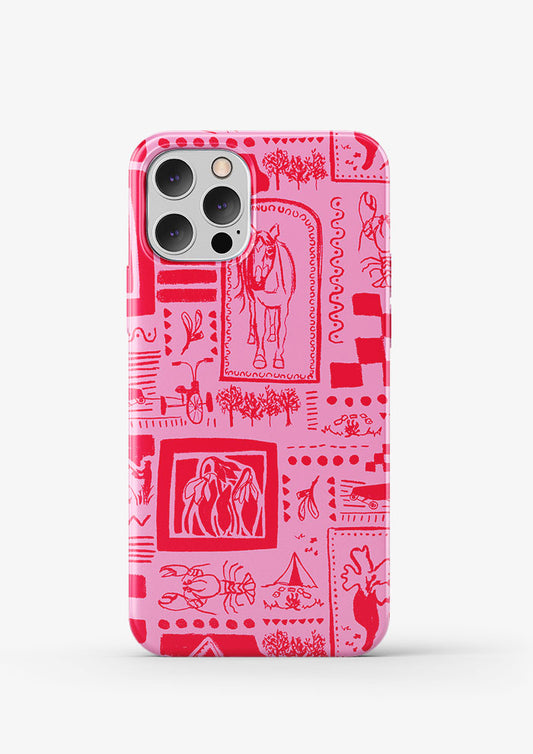 Phone case with red and white pattern on a white background