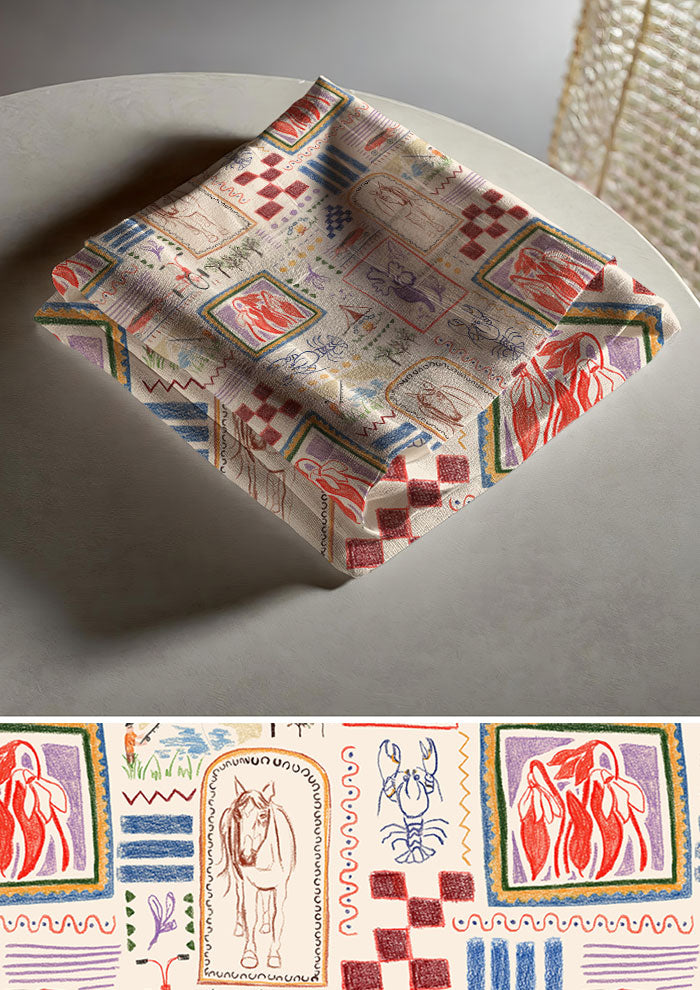 Tea towel mockup displaying the Homegrown Days pattern by Laura Hamzic, Australian surface pattern designer