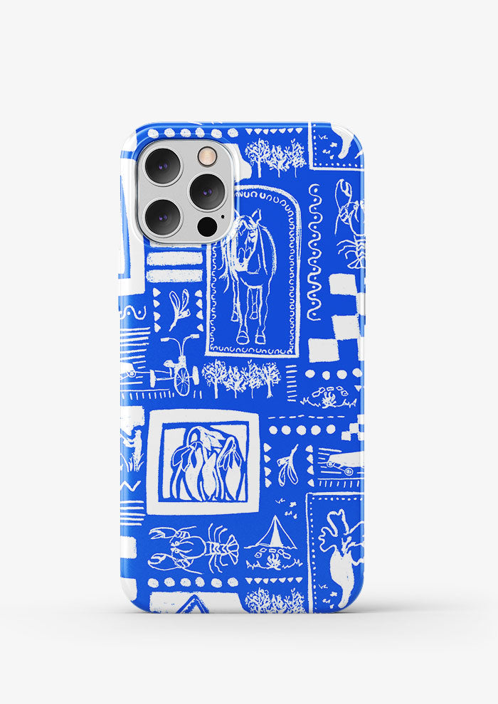 Blue phone case with white patterns on a white background