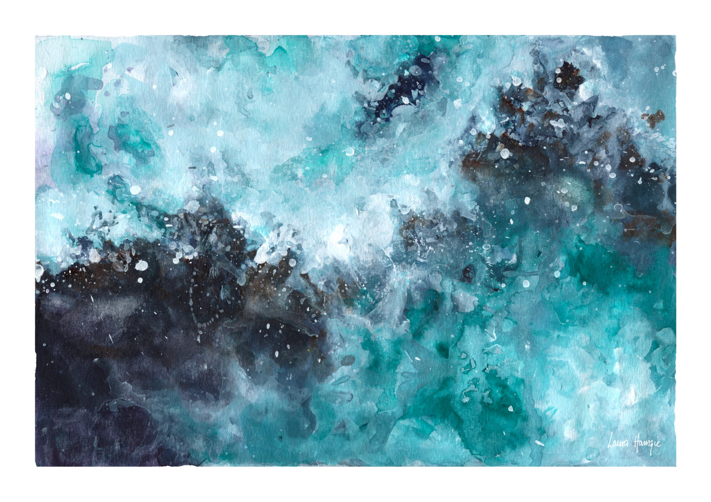 Watercolour art print of ocean waves crashing - painting by Laura Hamzic
