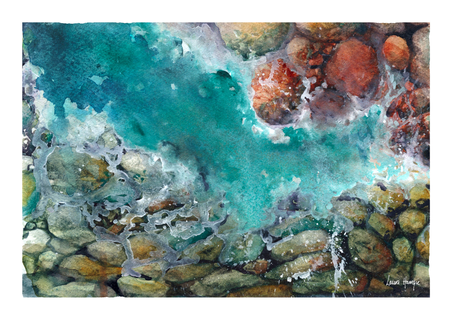 Watercolour art print of ocean waves crashing over rock pools - painting by Laura Hamzic