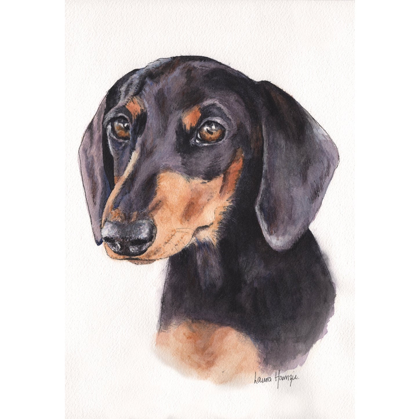 Watercolour art print of sausage dog, daschund , hand-painted by Laura Hamzic.