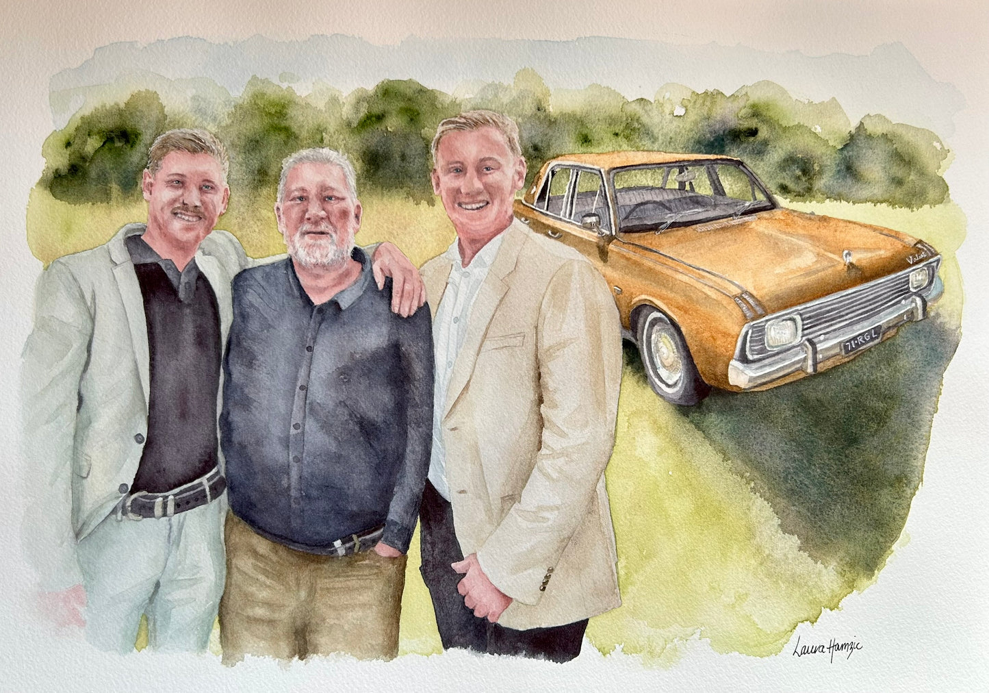 Commissioned family portrait with Valiant car in watercolour - painted in a lifelike style by Laura Hamzic.