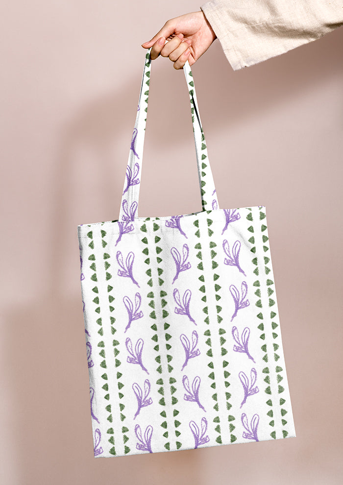 Tote bag mockup with the Jacaranda Path pattern by Laura Hamzic, Australian surface pattern designer