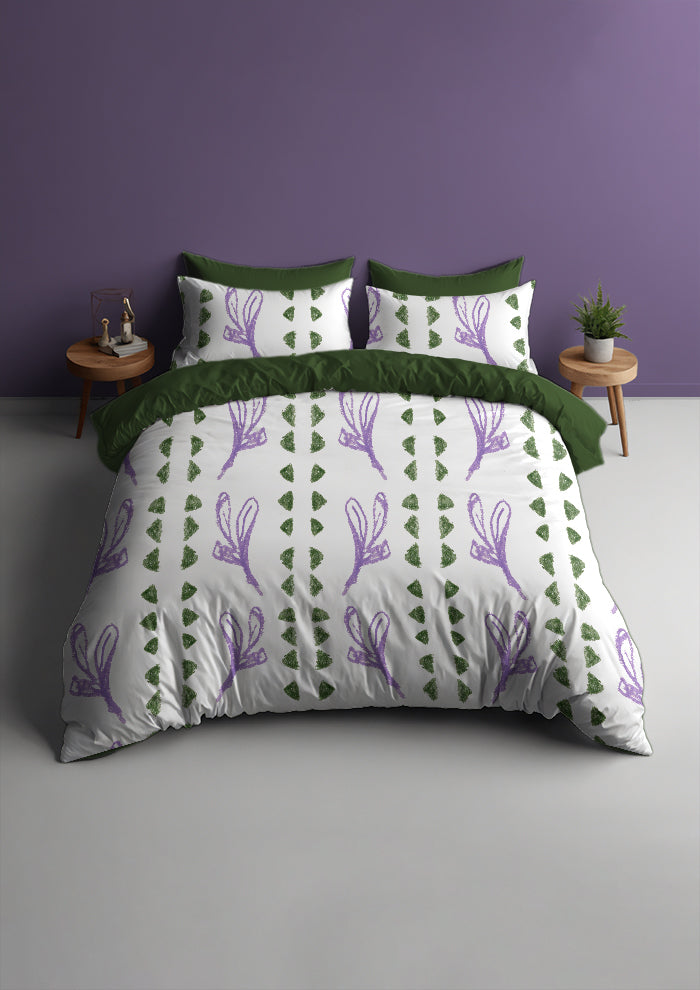 Bed mockup featuring the Jacaranda Path pattern by Laura Hamzic, Australian surface pattern designer