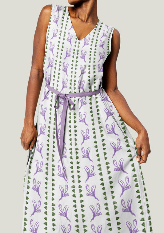 Dress mockup featuring the Jacaranda Path pattern by Laura Hamzic, Australian surface pattern designer