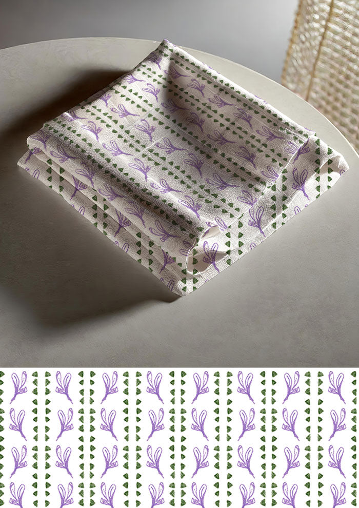 Tea towel mockup with the Jacaranda Path pattern by Laura Hamzic, Australian surface pattern designer