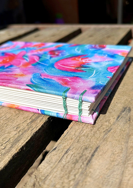 Artist sketchbook with hand-painted water lilies cover and hand-binding - hand-made in Australia
