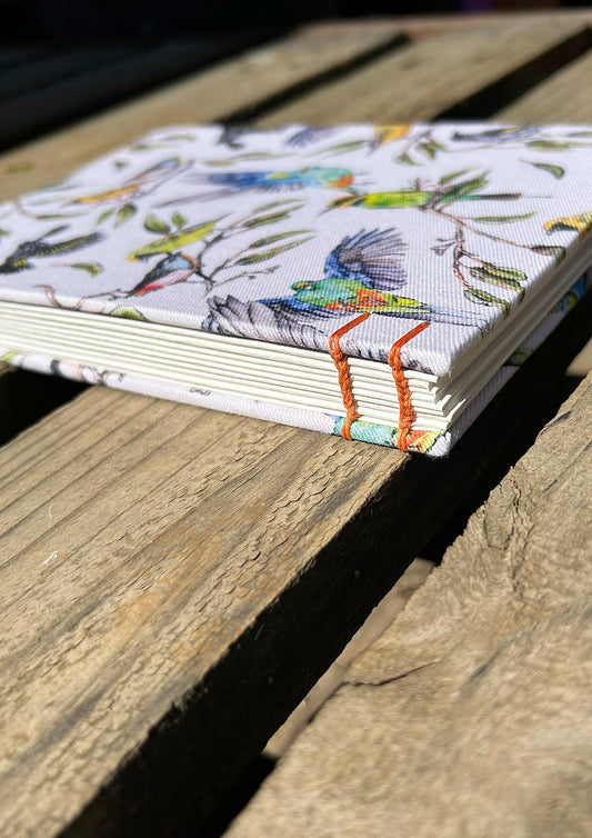 Hand-made sketchbook with playful Australian bird pattern, Table Talk design by Australian Surface Pattern designer Laura Hamzic