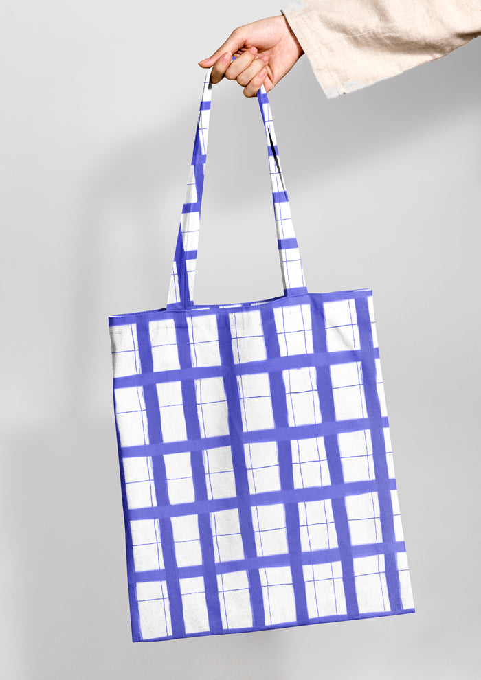 Tote bag mockup showcasing the Lavender Gingham pattern by Laura Hamzic, Australian surface pattern designer