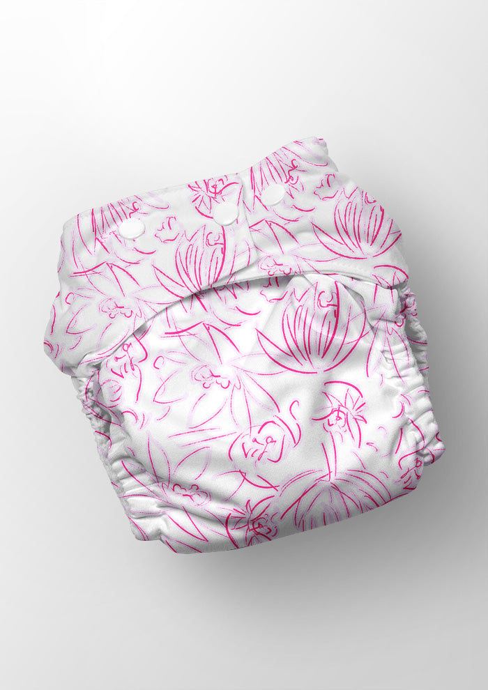 White diaper nappy with pink floral pattern on a white background